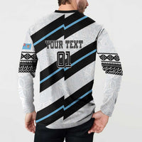 Back of white rugby button sweatshirt with 'YOUR TEXT 01' and black/blue stripes
