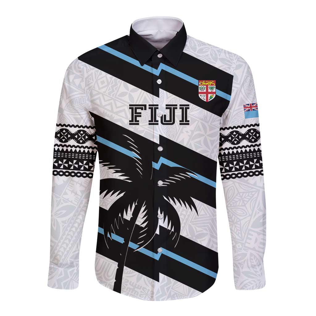 Rugby long sleeve button shirt, white with black/blue geometric tapa pattern front