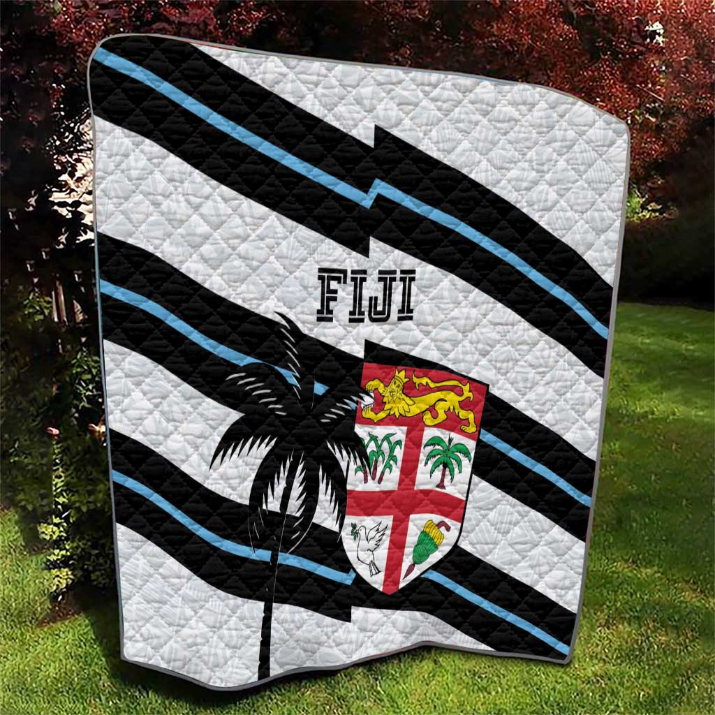 Rugby quilt with white quilted texture, black and blue stripes, palm tree and Fiji crest