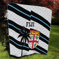 Rugby quilt with white quilted texture, black and blue stripes, palm tree and Fiji crest