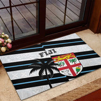 Rectangular rubber doormat with Fiji crest, palm tree, blue/black striped bands