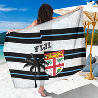 Fiji rugby sarong, wide black/blue stripes with central crest shield emblem on white