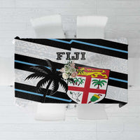 White rugby tablecloth with black and blue stripes and Fiji crest, tapa-style pattern