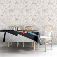 White rugby tablecloth with black and blue stripe band and tapa pattern, Fiji crest