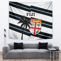 Rectangular FIJI rugby wall tapestry with black and blue stripes, palm tree, crest
