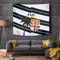 Rectangular FIJI rugby tapestry with palm silhouette, crest shield, and blue stripe lines