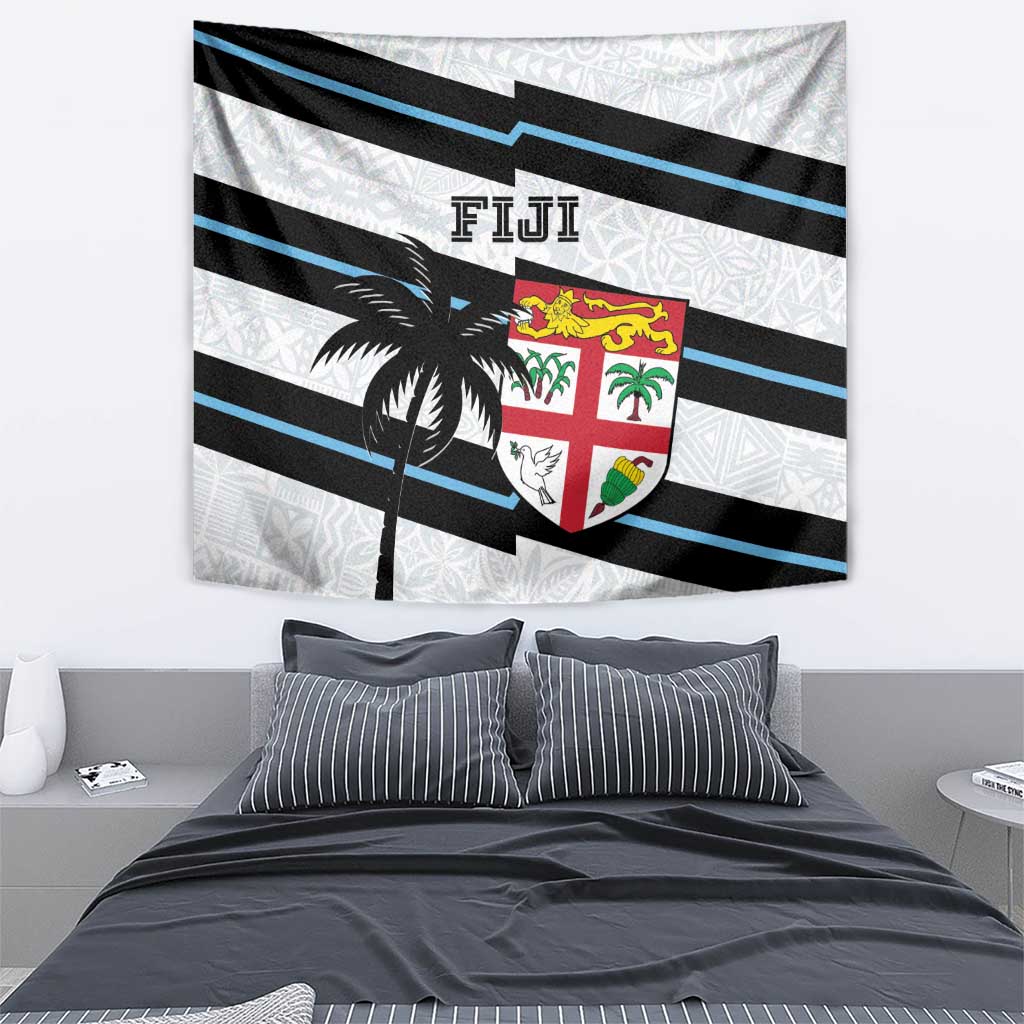 Rectangular FIJI rugby tapestry wall hanging with palm tree, crest badge, black and blue bars