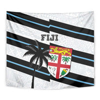 Close-up FIJI rugby tapestry with palm silhouette, FIJI lettering, crest shield on white