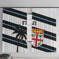 Fiji rugby window curtain panels, white with black/light-blue stripes and Fiji crest emblem