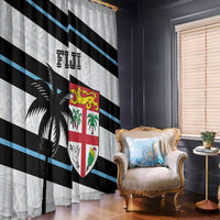 Rugby window curtain panels with white tapa-style texture, black and blue stripes, Fiji shield