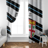 Rugby window curtain panel pair with black and blue diagonal stripes and crest on white