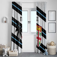Rugby curtain panels with black/light-blue stripes and palm emblem on white textured fabric