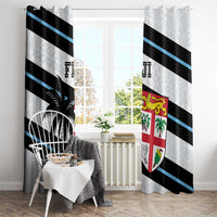 Rugby window curtain set with black and blue diagonal stripes and Fiji crest shield
