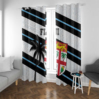 Rugby curtain panels, white textured fabric with black/blue stripes and shield emblem