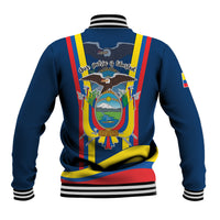 Unisex blue baseball jacket back with crest graphic, striped bands, ribbed collar and cuffs