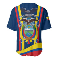 Blue baseball jersey with Ecuador crest and motto on back, multicolor striped sides