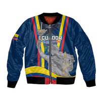 Blue unisex bomber jacket with front zipper, ribbed cuffs, and patriotic graphic on chest