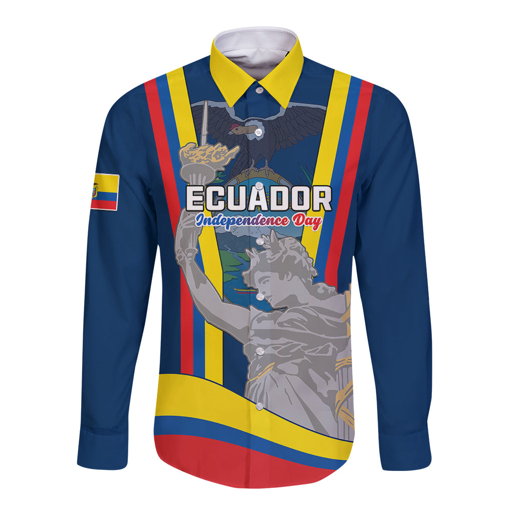 Blue long-sleeve button shirt with front Ecuador Independence Day monument graphic
