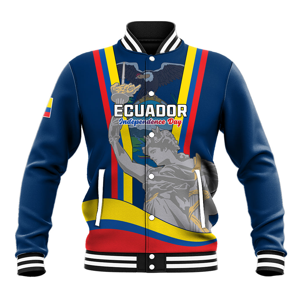 Blue unisex baseball jacket with ribbed collar, snap front, and Ecuador Independence Day graphic