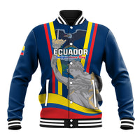 Blue unisex baseball jacket with ribbed collar, snap front, and Ecuador Independence Day graphic