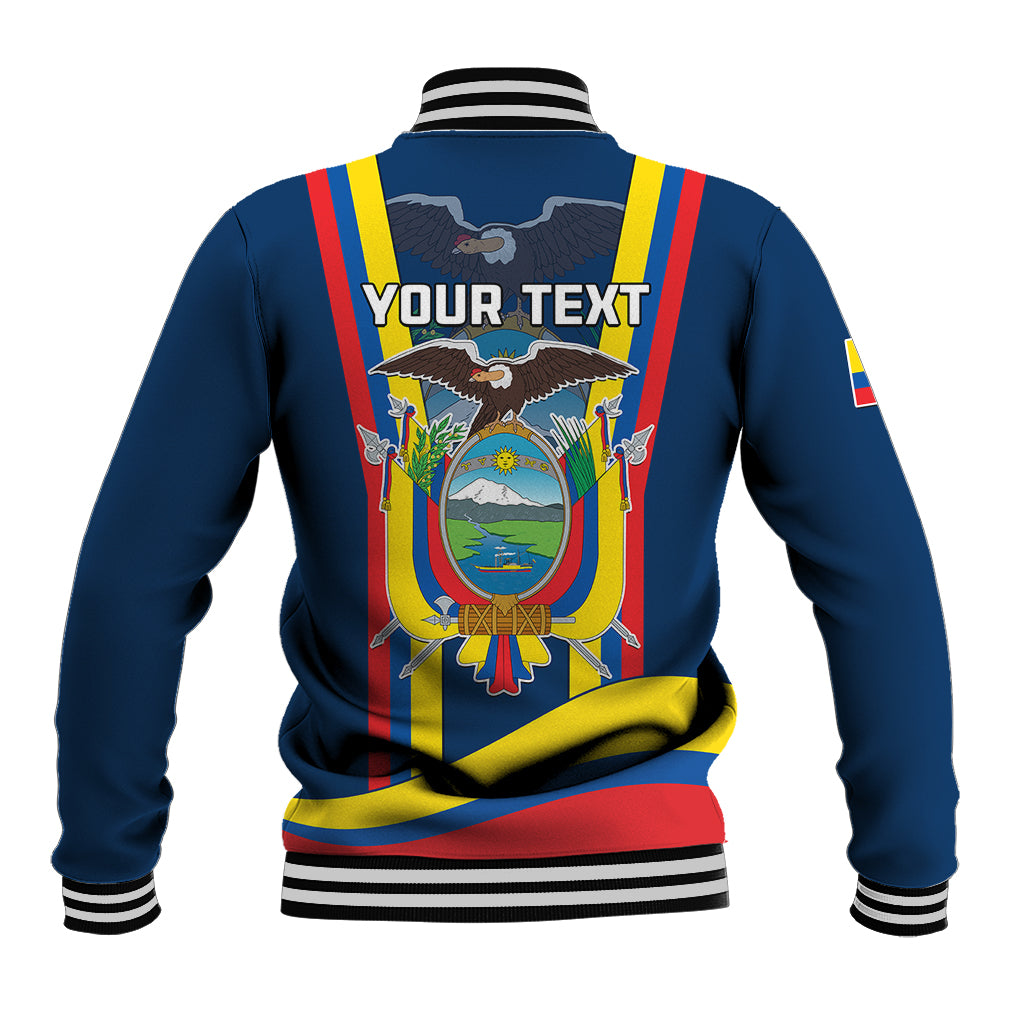 Back of blue baseball jacket with vertical stripe panel and your text over crest graphic