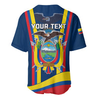 Blue baseball jersey back with Ecuador crest graphic, YOUR TEXT, and stripe trim