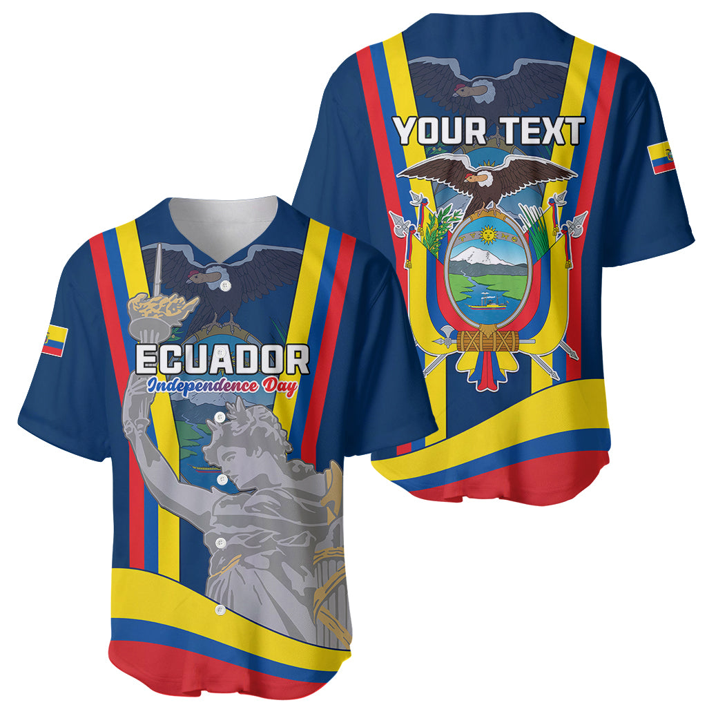 Two blue baseball jerseys, front and back views, Ecuador crest and stripe trim