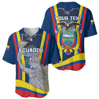 Two blue baseball jerseys, front and back views, Ecuador crest and stripe trim