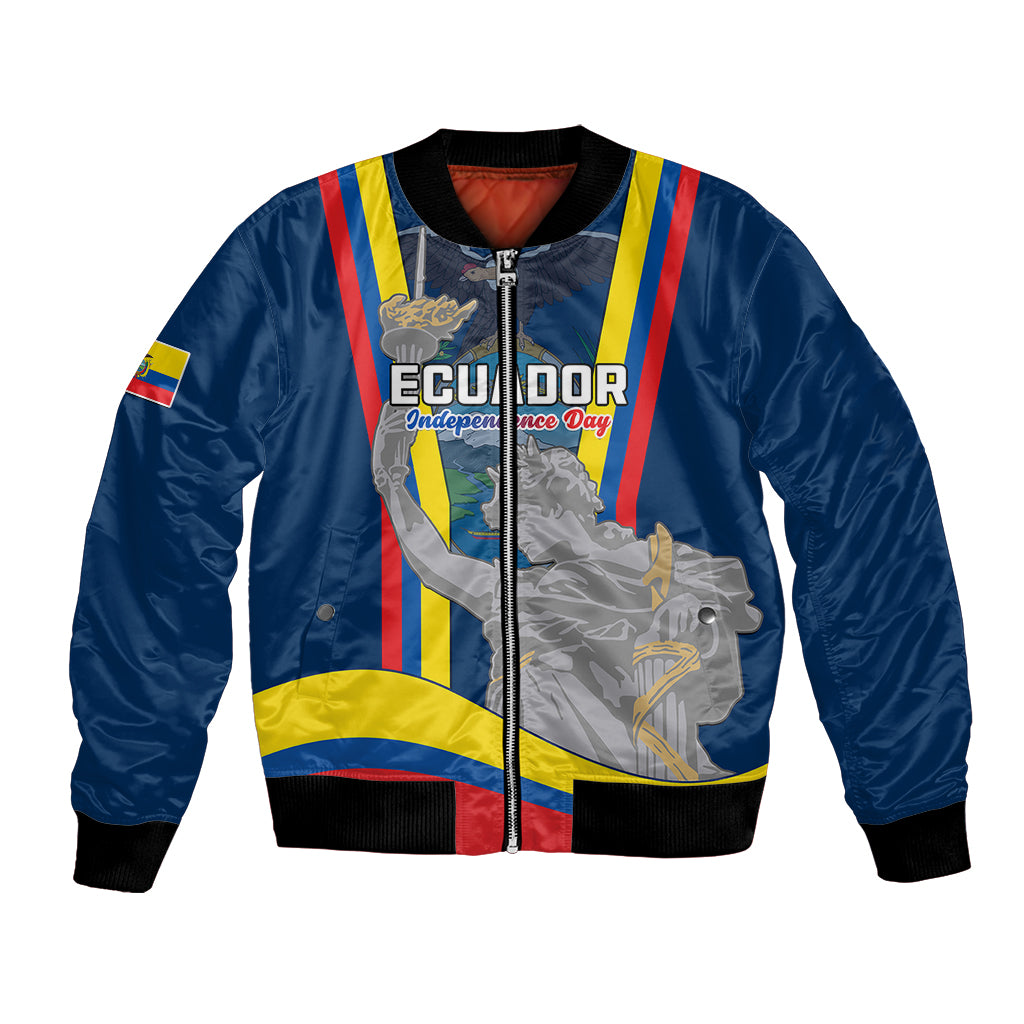 Blue unisex bomber jacket with front zipper, ribbed cuffs, and Independence-themed graphic panel