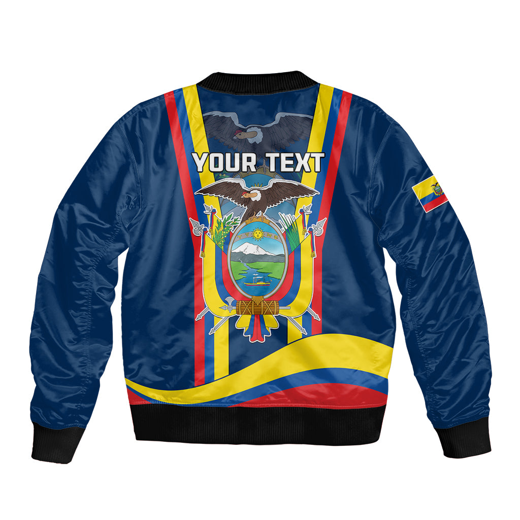 Blue unisex bomber jacket with front zipper, ribbed cuffs, and Your Text crest graphic
