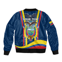 Blue unisex bomber jacket with front zipper, ribbed cuffs, and Your Text crest graphic