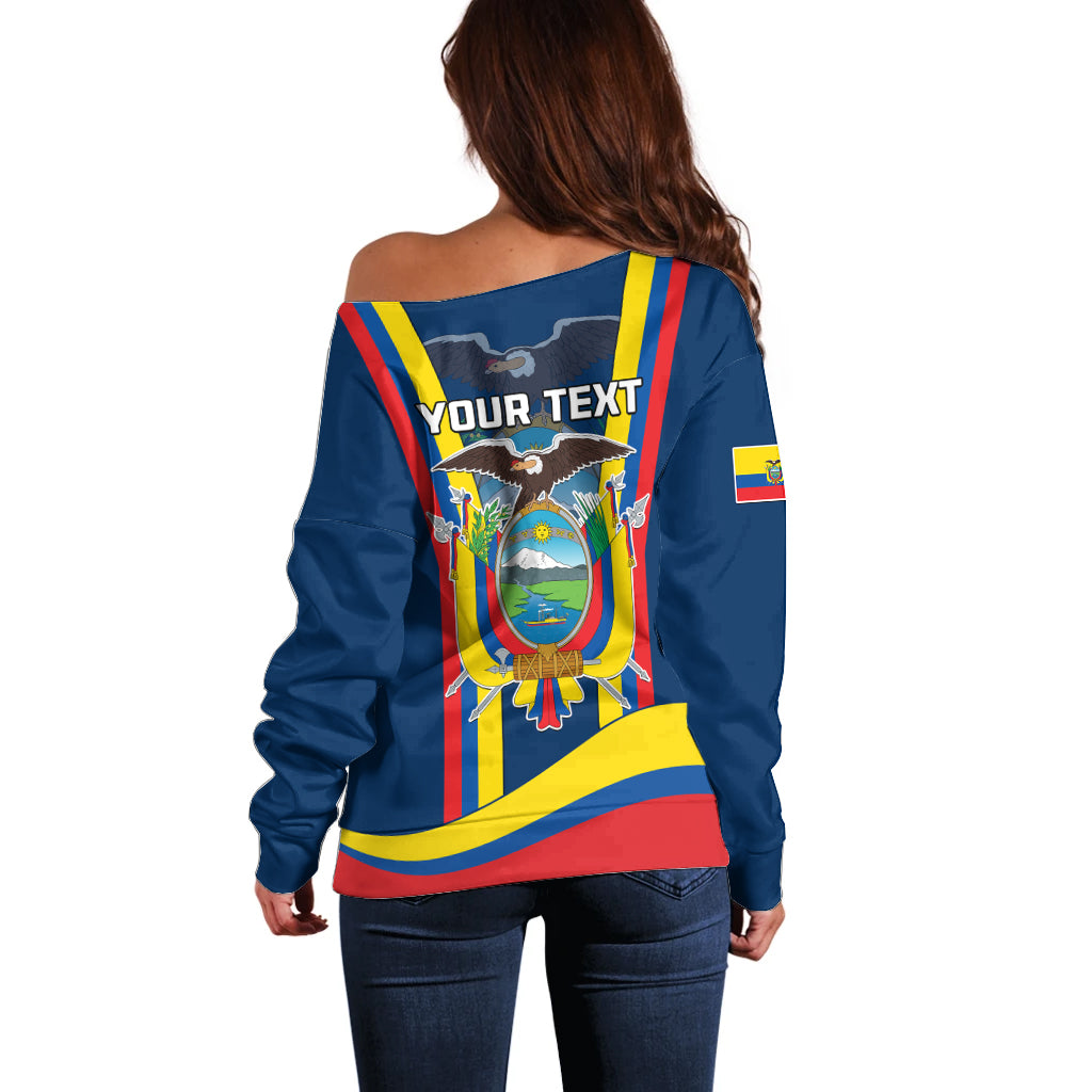 Women’s blue off-shoulder sweater back view with crest graphic and “YOUR TEXT”