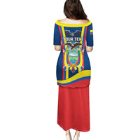 Long graphic dress with navy top, multicolor flag trim, 'YOUR TEXT' print, red skirt