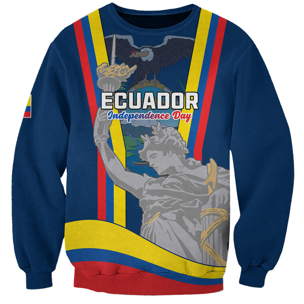 Unisex blue sweatshirt with Ecuador Independence Day graphic and striped sash front