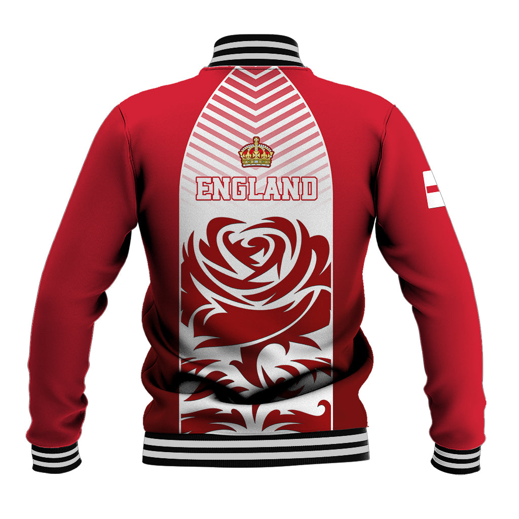 Red unisex baseball jacket, back view with striped collar and England crest graphic