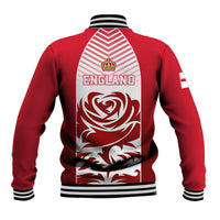 Red unisex baseball jacket, back view with striped collar and England crest graphic