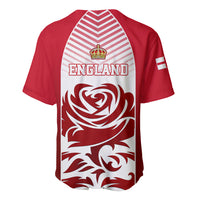 Red back baseball jersey with white striped yoke, ENGLAND print and large swirling emblem