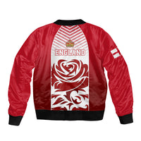 Red bomber jacket with back emblem, England text, and white-and-red lion crest