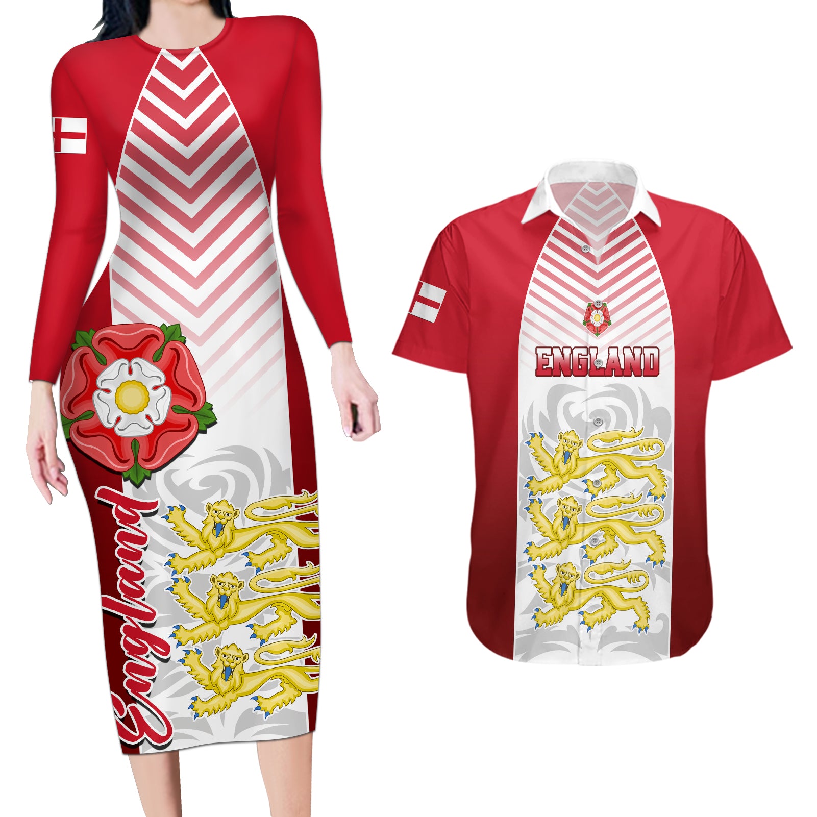 England Couples Matching Long Sleeve Bodycon Dress and Hawaiian Shirt Three Lions and Tudor Rose - Wonder Print Shop