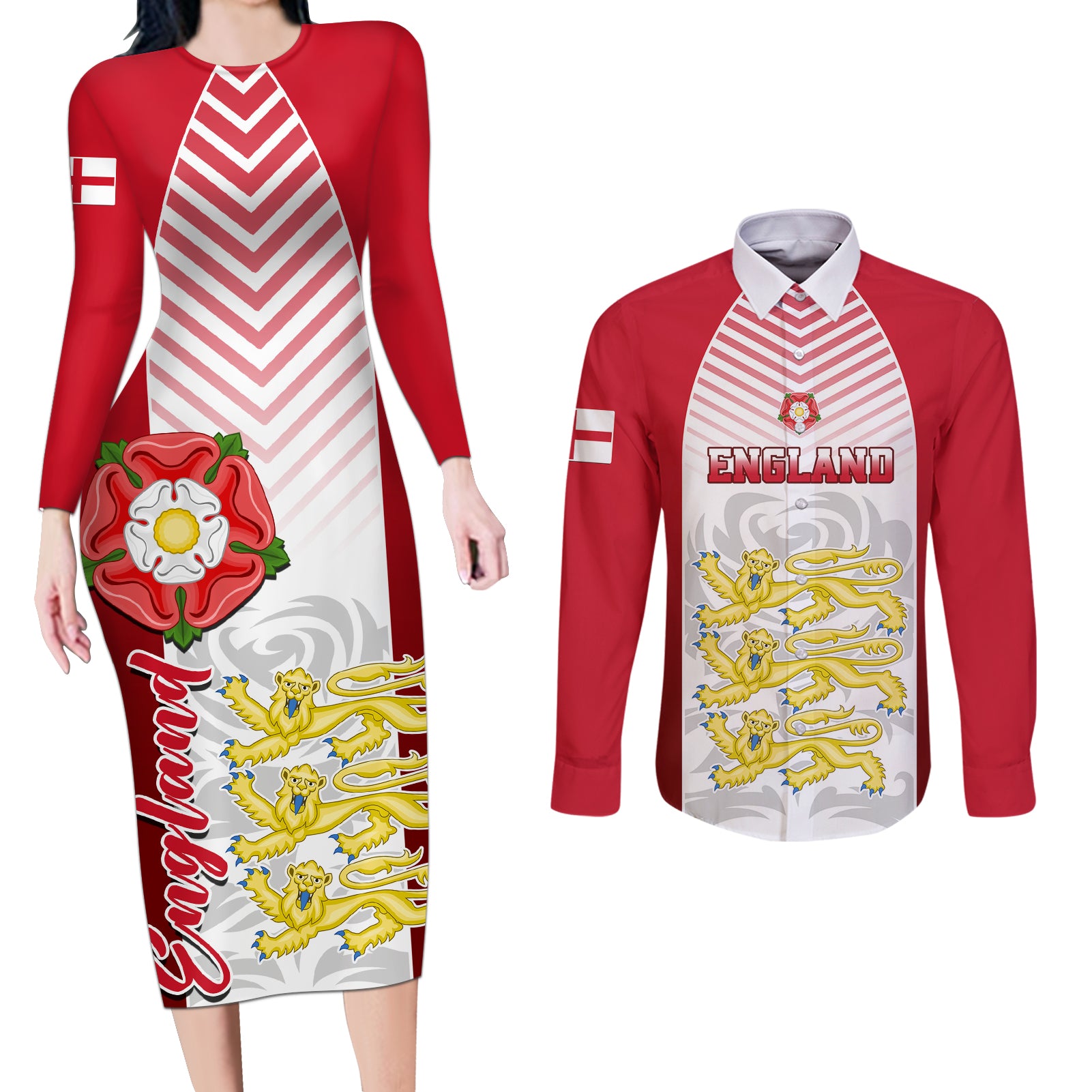 England Couples Matching Long Sleeve Bodycon Dress and Long Sleeve Button Shirts Three Lions and Tudor Rose - Wonder Print Shop