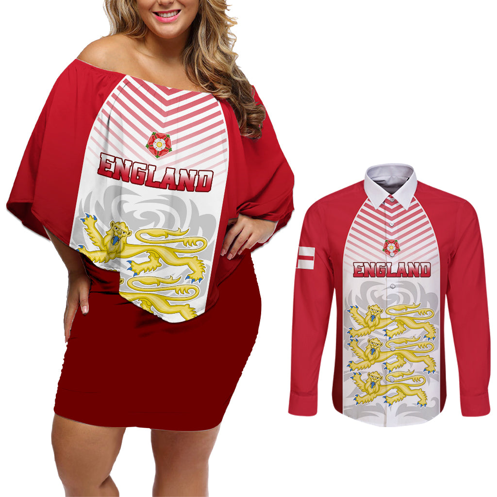 England Couples Matching Off Shoulder Short Dress and Long Sleeve Button Shirts Three Lions and Tudor Rose - Wonder Print Shop