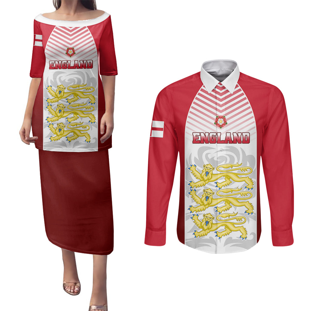 England Couples Matching Puletasi Dress and Long Sleeve Button Shirts Three Lions and Tudor Rose - Wonder Print Shop