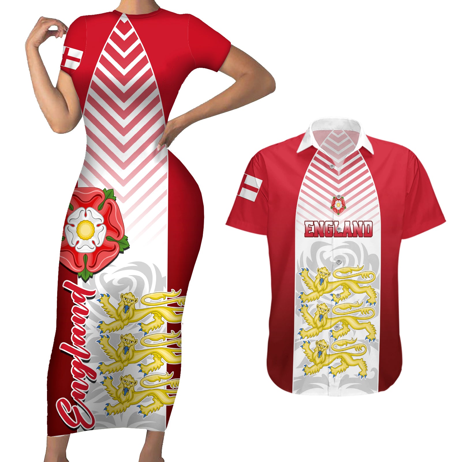 England Couples Matching Short Sleeve Bodycon Dress and Hawaiian Shirt Three Lions and Tudor Rose - Wonder Print Shop