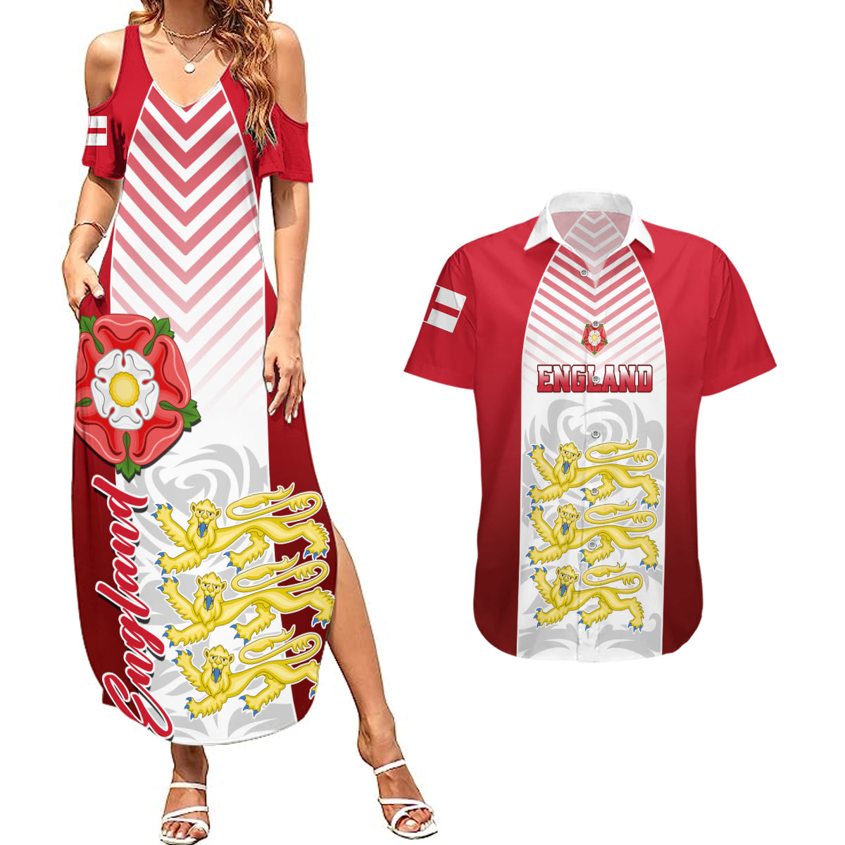 England Couples Matching Summer Maxi Dress and Hawaiian Shirt Three Lions and Tudor Rose - Wonder Print Shop