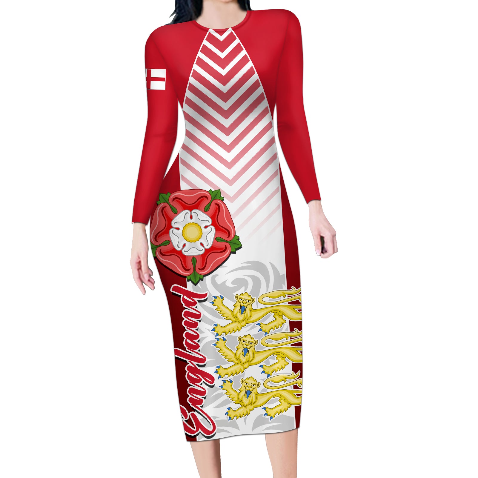 England Long Sleeve Bodycon Dress Three Lions and Tudor Rose - Wonder Print Shop