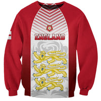 Red England crewneck sweatshirt with white striped panel, ENGLAND text, lion graphic
