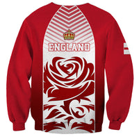 Red England crewneck sweatshirt back with white stripes, crown crest, ENGLAND text, lion art
