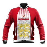 Red baseball jacket with striped ribbed collar, front crest and England graphic