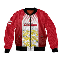 Red bomber jacket with zip, ribbed cuffs/hem, and England crest with Three Lions and Tudor Rose