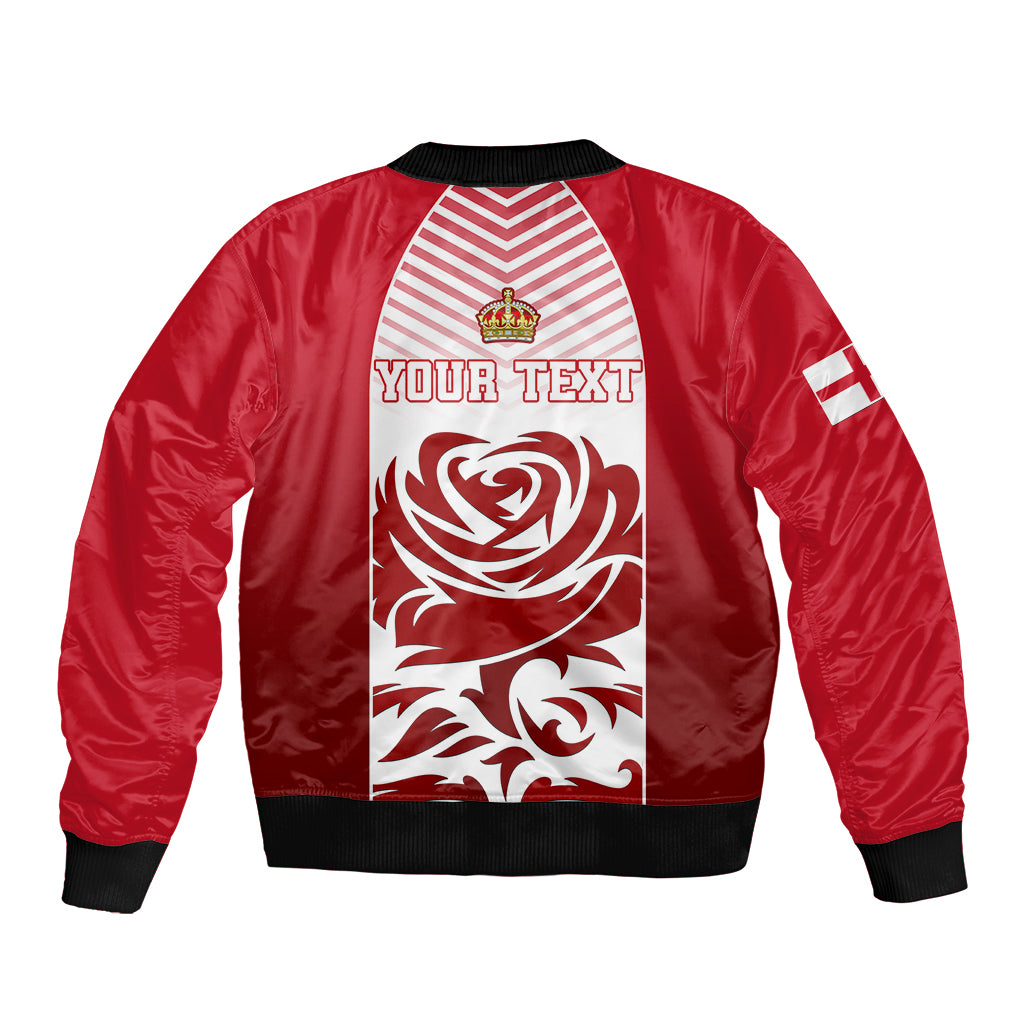 Red bomber jacket with zip, ribbed cuffs/hem, and back panel with your text crest
